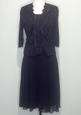 R&M Richards Black Sequin Lace Jacket Maxi Dress